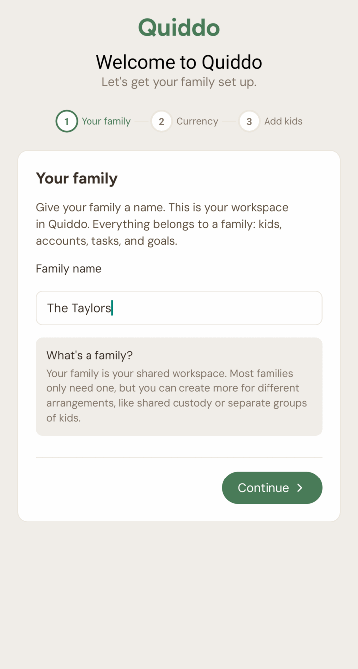 Quiddo onboarding screen naming your family workspace