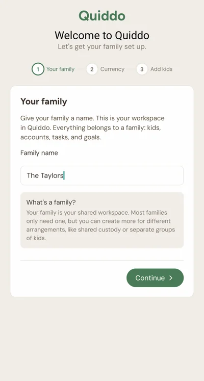Quiddo onboarding screen naming your family workspace