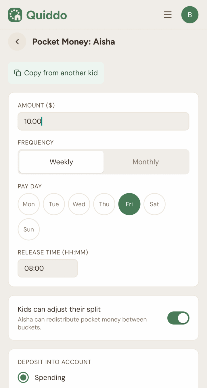 Setting a weekly pocket money amount and pay day in Quiddo