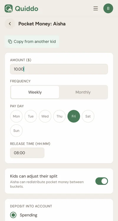 Setting a weekly pocket money amount and pay day in Quiddo