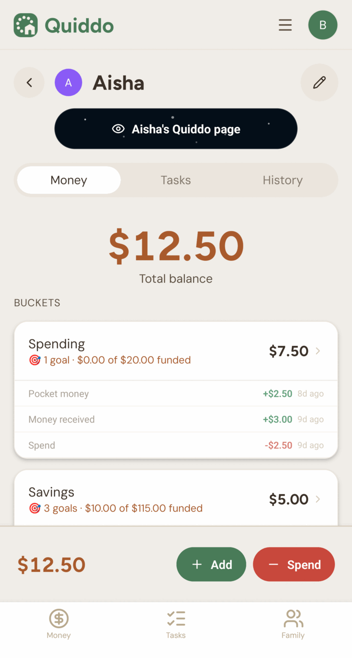 A child's Quiddo balance split into spending and savings buckets