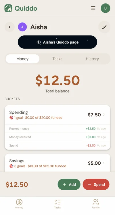 A child's Quiddo balance split into spending and savings buckets