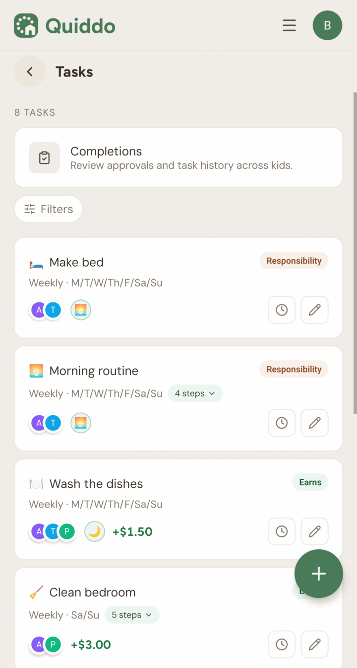 Quiddo task list showing paid tasks marked Earns and responsibilities