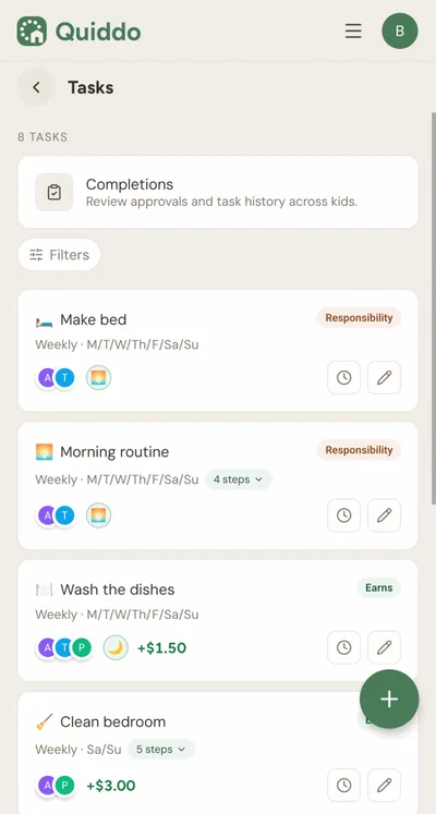 Quiddo task list showing paid tasks marked Earns and responsibilities