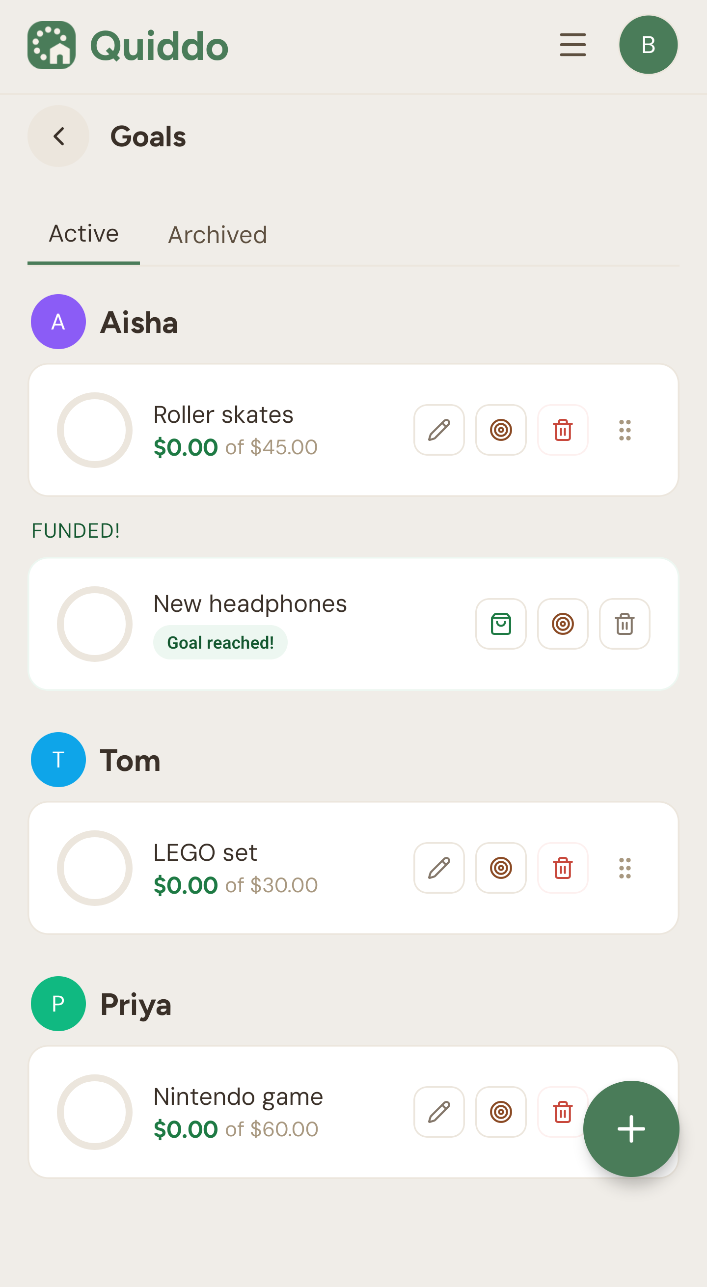 Goals screen in the Quiddo app