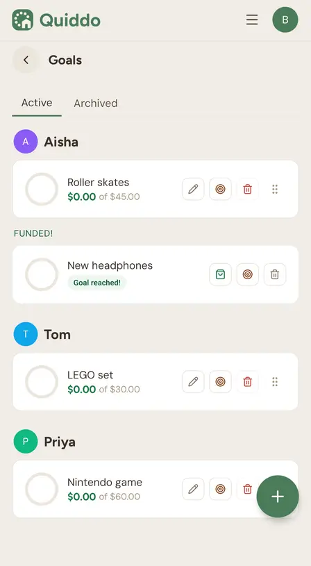 Goals screen in the Quiddo app