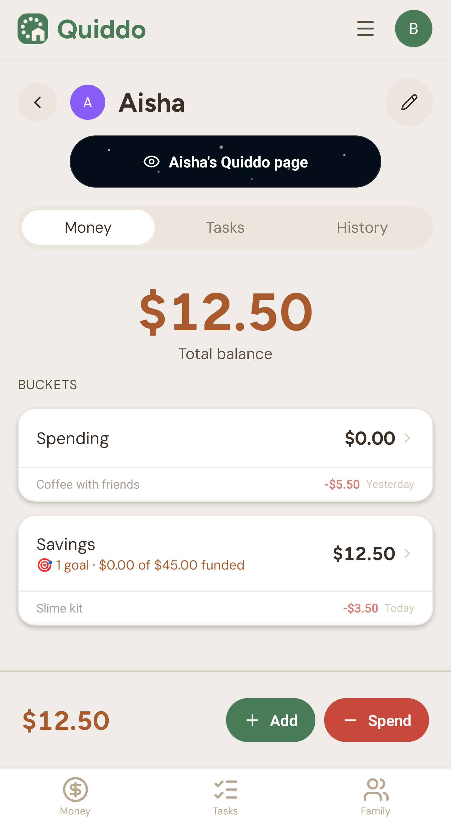 Kid Overview screen in the Quiddo app