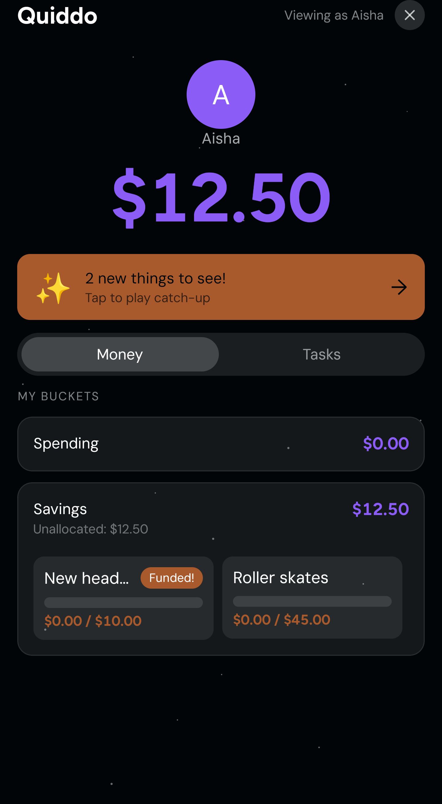 Kid Portal screen in the Quiddo app