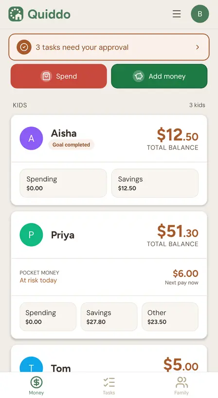 Parent Dashboard screen in the Quiddo app