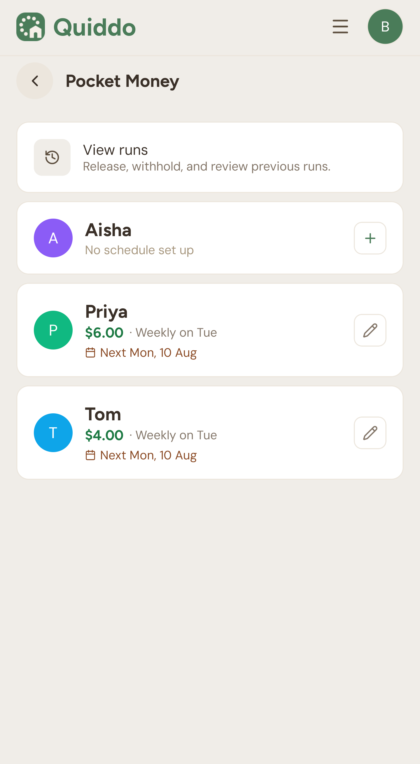 Pocket Money screen in the Quiddo app