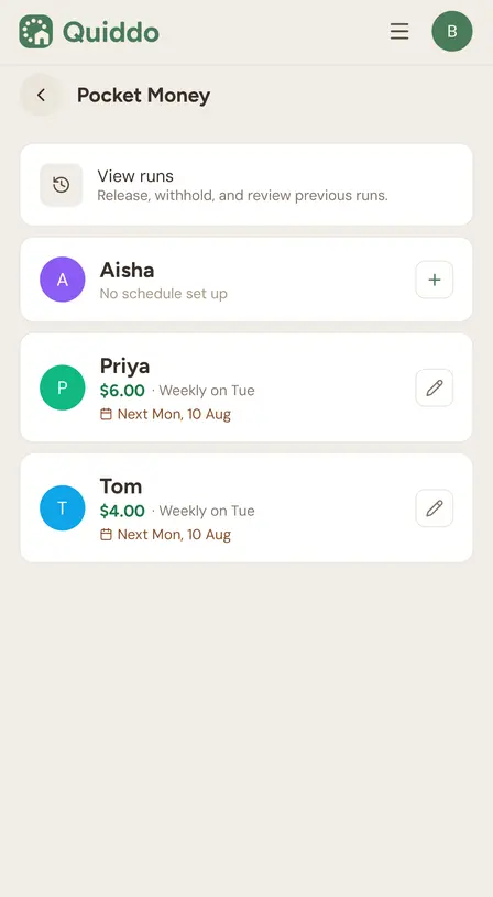 Pocket Money screen in the Quiddo app