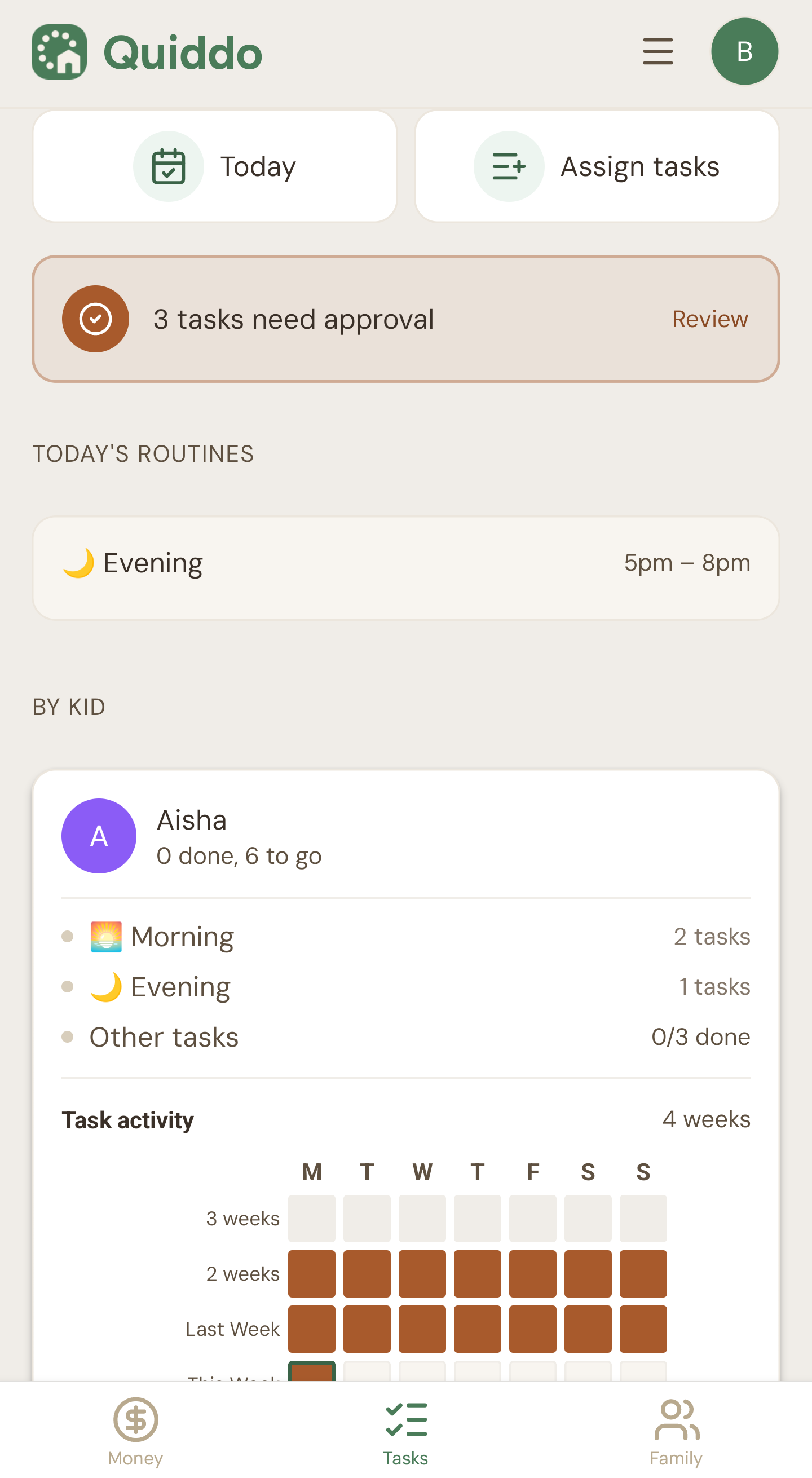 Tasks screen in the Quiddo app
