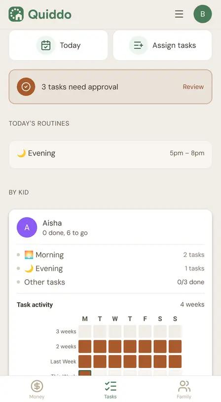 Tasks screen in the Quiddo app